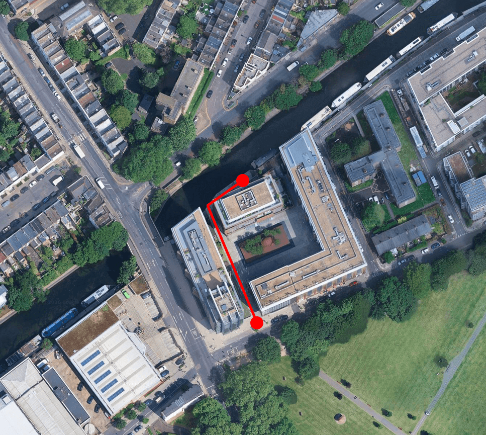 Aerial map showing the walking route from the street through Gainsborough Studios to Uplift Gym on Regent's Canal